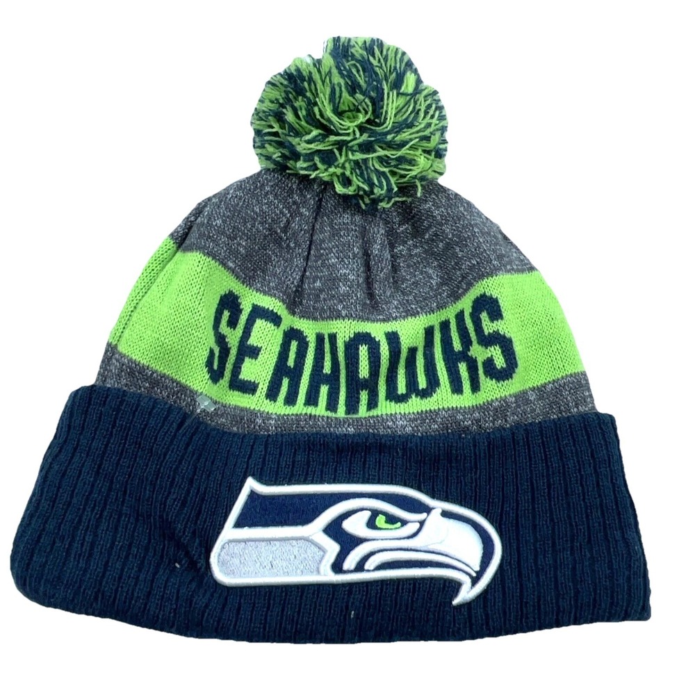 Seattle Seahawks Hat Cap Beanie Toboggan Blue Gray Green Knit‎ OSFM Pom Pom
